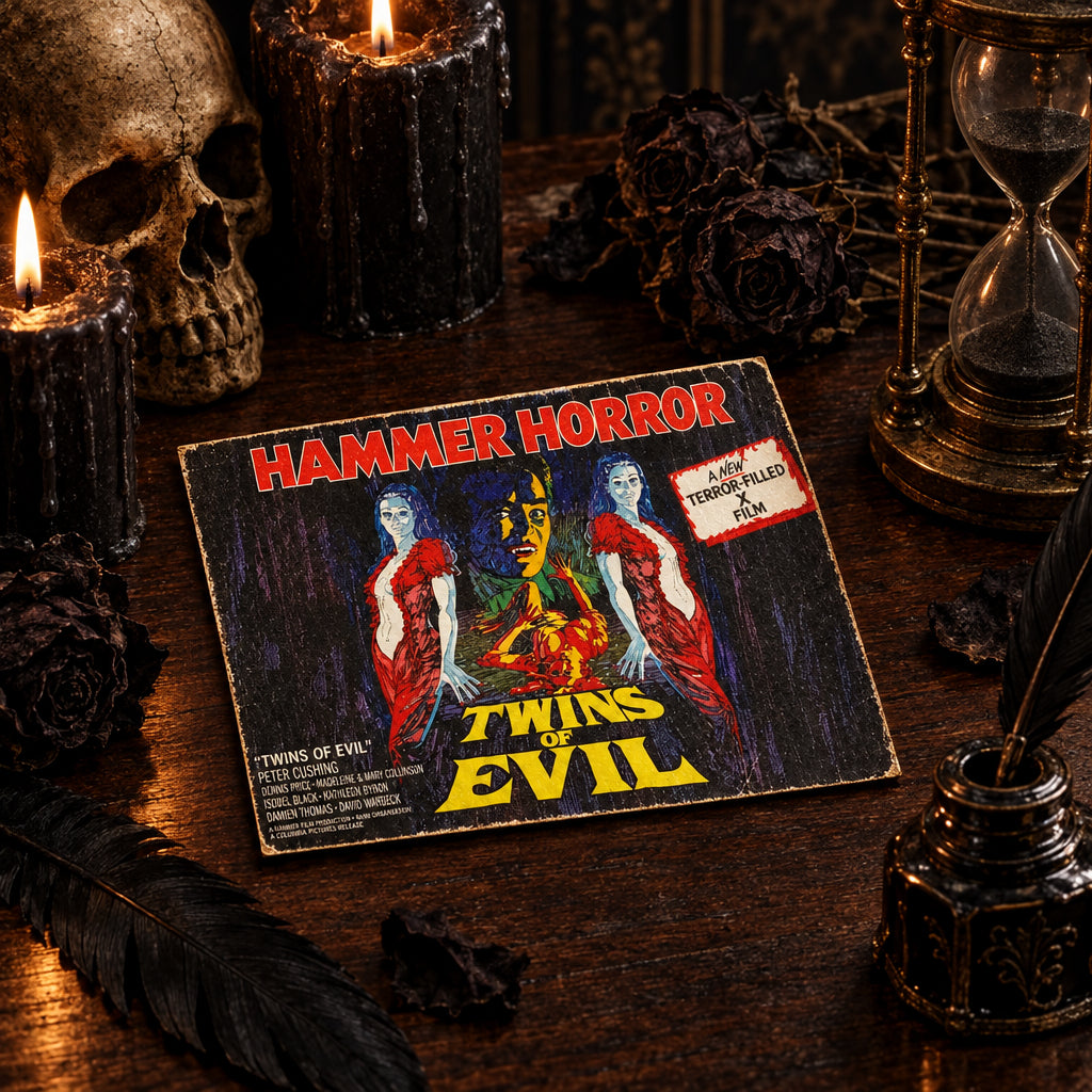 A rectangular printed card or poster for the film "Hammer Horror: Twins of Evil" lies on a dark wooden tabletop. The artwork features two blue-skinned women in red dresses, a central face in dark tones, and large yellow title text.