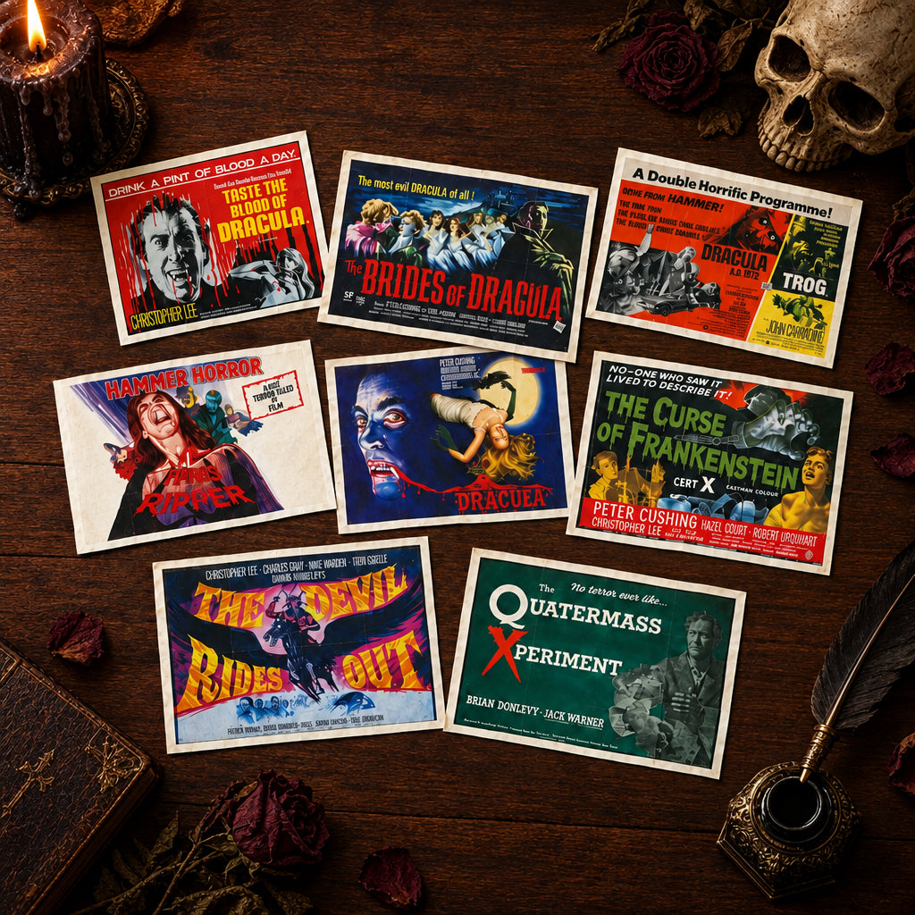 A collection of 8 hammer horror style vintage film posters as postcards displayed on a dark wooden table with gothic ornaments surrounding the cards.