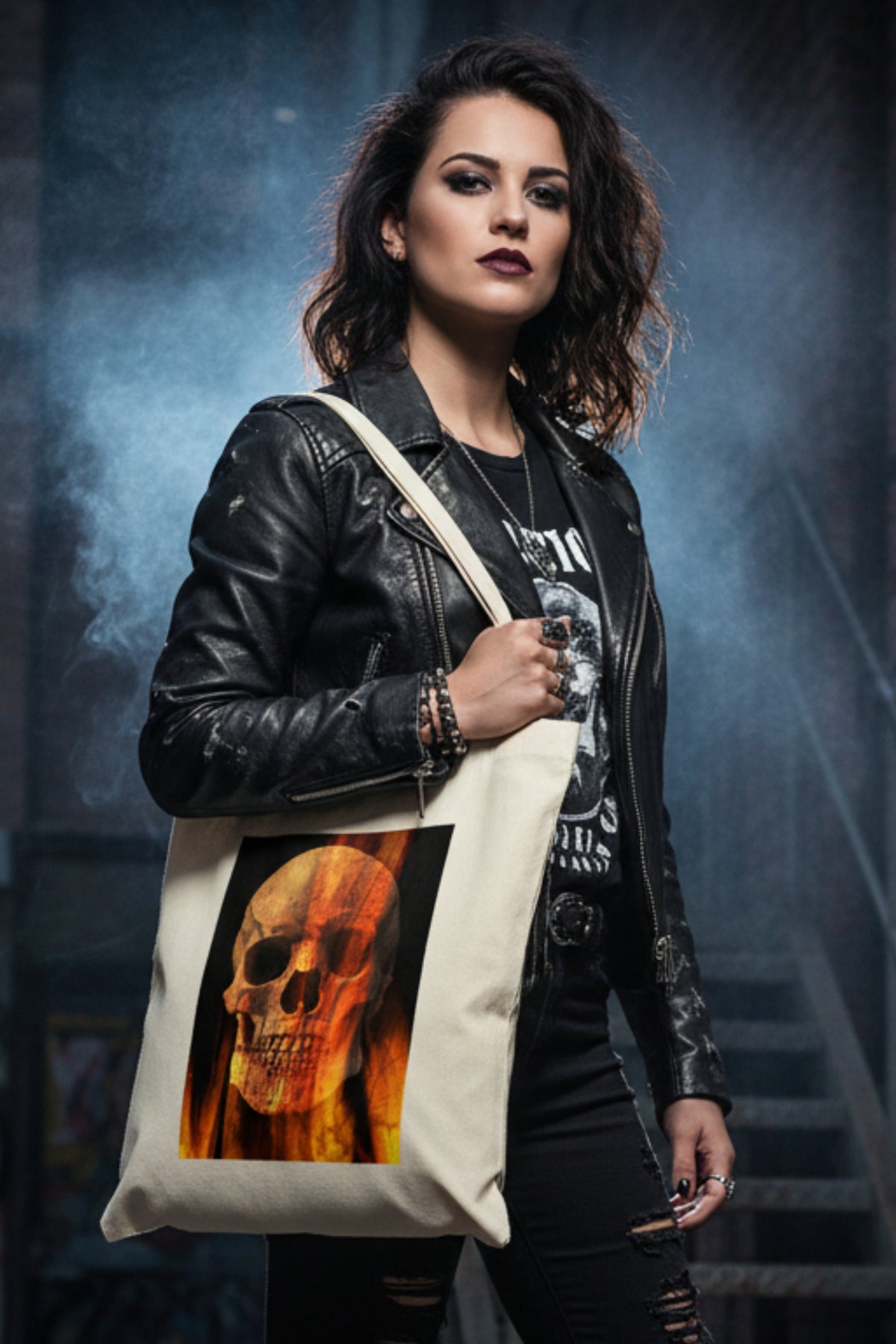 A cream-colored canvas tote bag featuring a square graphic print of a skull overlaid with orange and yellow flames on a black background.