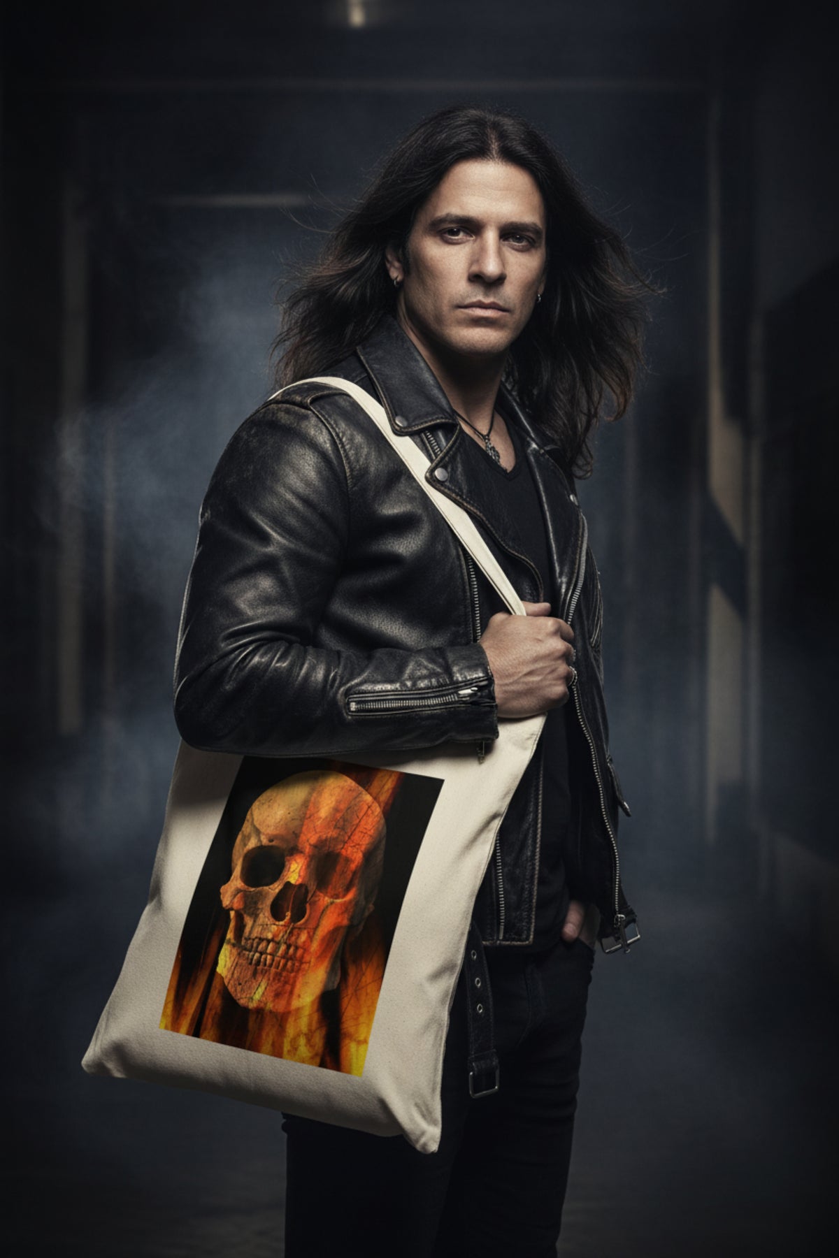A cream-colored canvas tote bag featuring a square graphic print of a skull overlaid with orange and yellow flames on a black background.