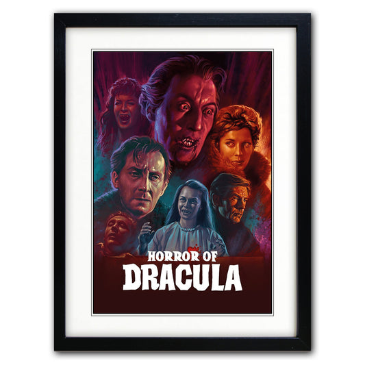 A framed art print of the 'Horror of Dracula' poster, featuring a black frame and white matting. The poster itself displays stylized illustrations of characters from the film with dramatic red, orange, and blue lighting, and the title in bold white letters at the bottom.