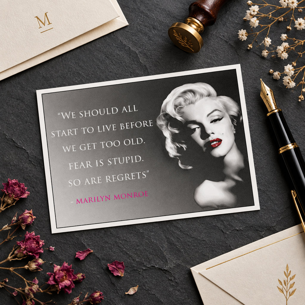 A quote poster featuring Marilyn Monroe on the right in black-and-white with red lips, next to the text: “WE SHOULD ALL START TO LIVE BEFORE WE GET TOO OLD. FEAR IS STUPID.