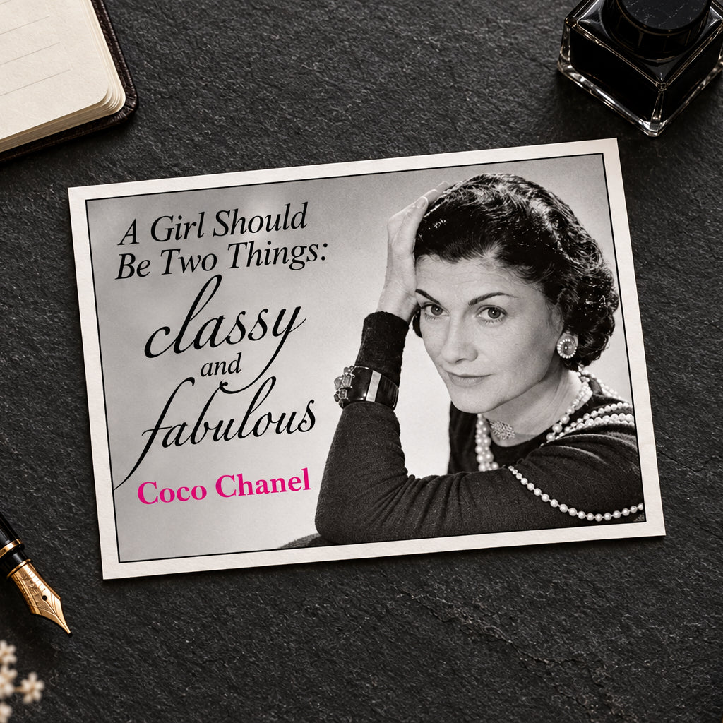 A black-and-white portrait of Coco Chanel with the text 'A Girl Should Be Two Things: classy and fabulous Coco Chanel' in black and pink lettering on a light gray background.