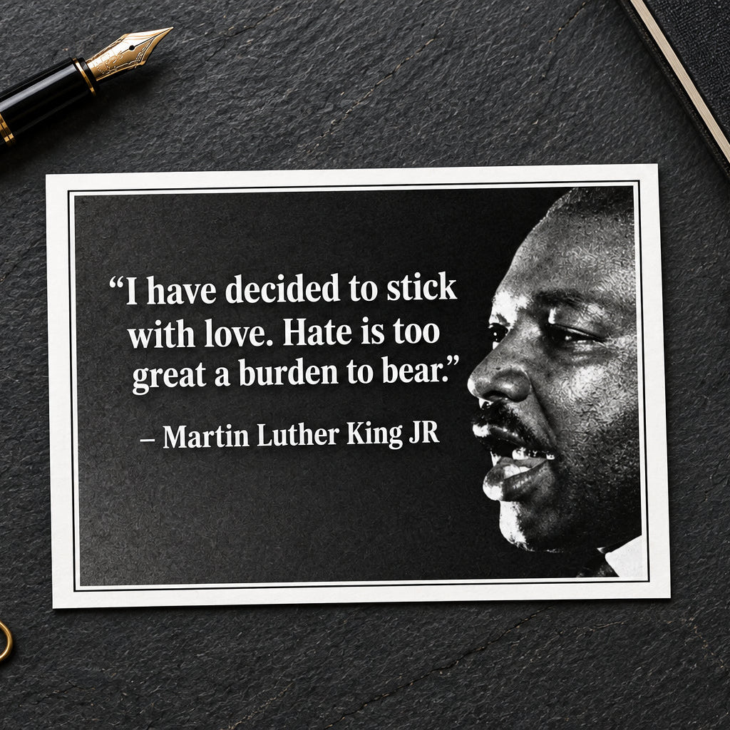 A black and white quote print featuring a close-up portrait of Martin Luther King Jr. on the right and the text: “I have decided to stick with love.