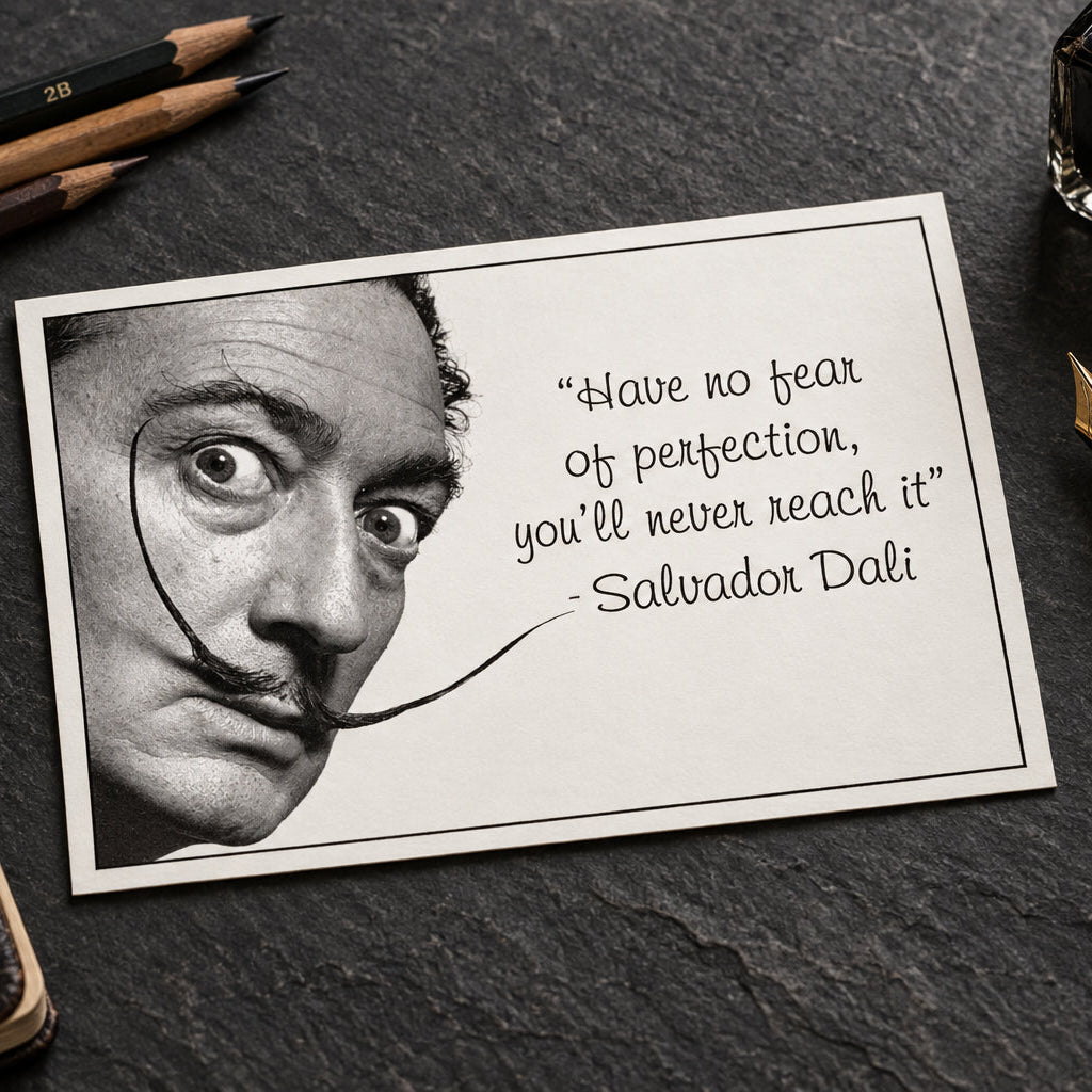 Black and white portrait of Salvador Dalí with his signature curled mustache, next to a handwritten quote that reads: 'Have no fear of perfection, you'll never reach it' - Salvador Dalí.