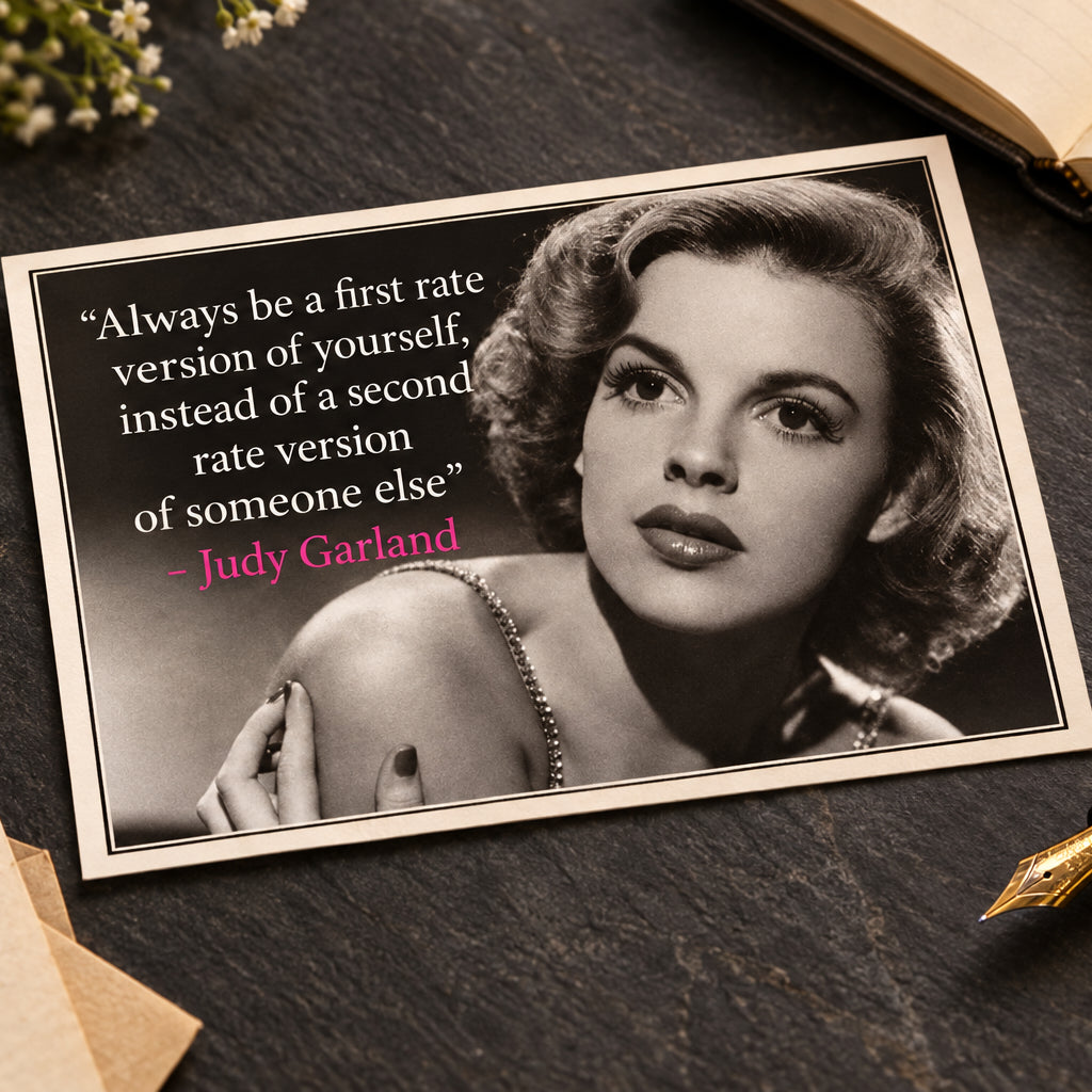 Black and white portrait of Judy Garland with a quote on the left: 'Always be a first rate version of yourself, instead of a second rate version of someone else' in white text, with the name 'Judy Garland' in pink.