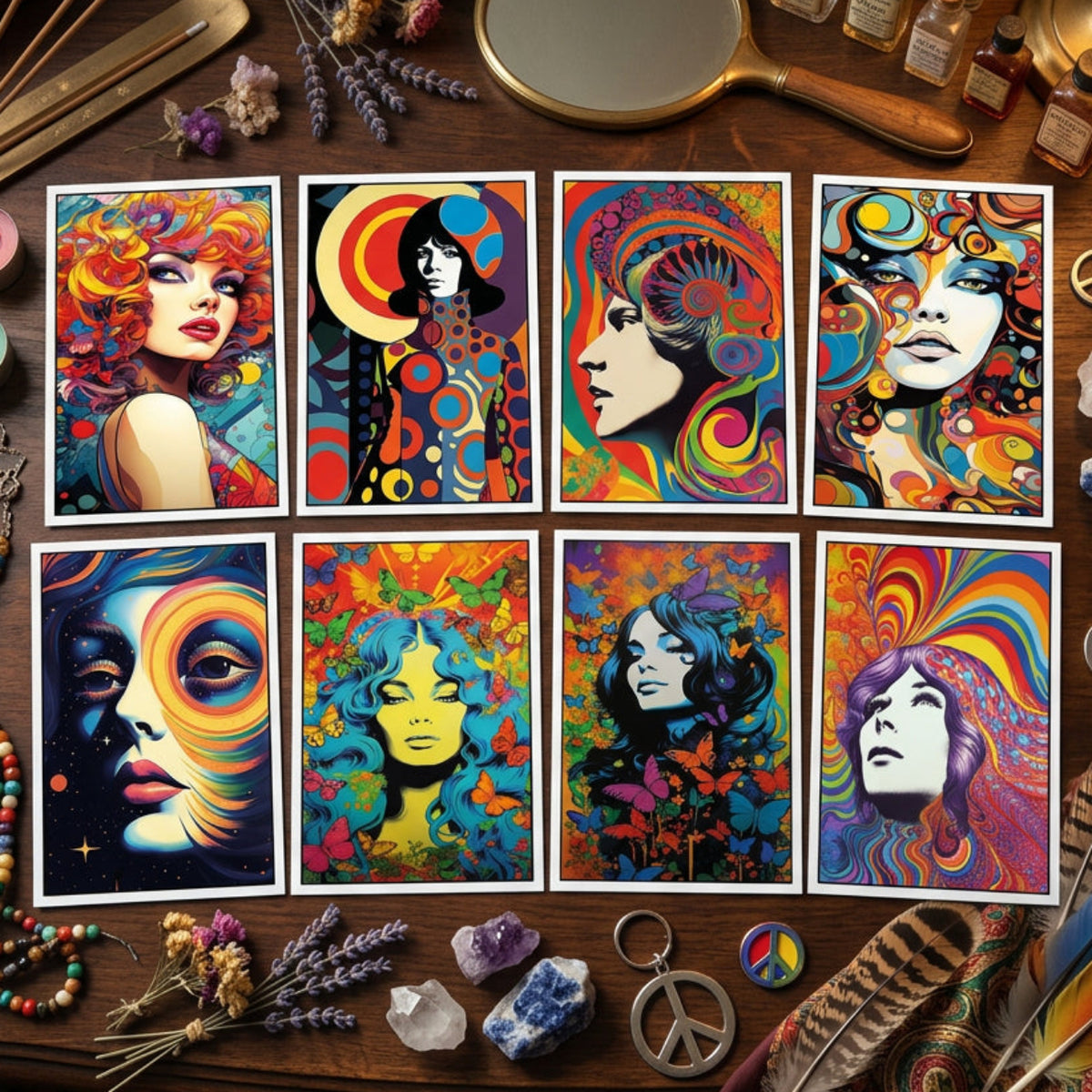 Set of eight colorful canvas wall art prints featuring psychedelic portraits of women with swirling rainbow patterns, displayed on a white background.
