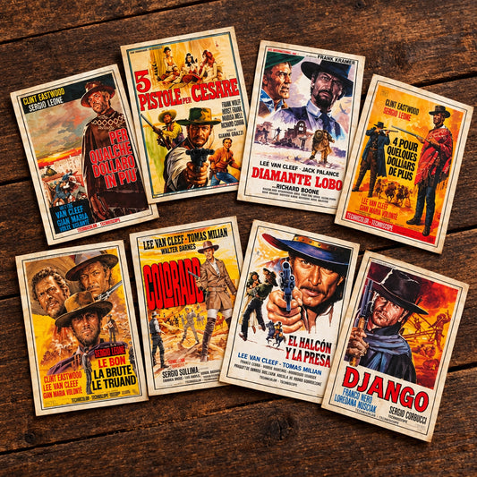 A set of eight vintage French movie posters for western and noir films arranged in a 2x4 grid on a white background. The posters feature classic cinematic artwork with bold titles including 'Diamant Lobo', 'Coup d'Etat', 'Django', and others.