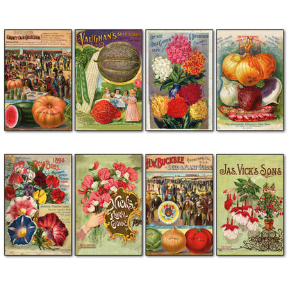 Set of 8 vintage botanical seed packet fridge magnets by Bubbadoodoo, featuring detailed floral and plant illustrations.