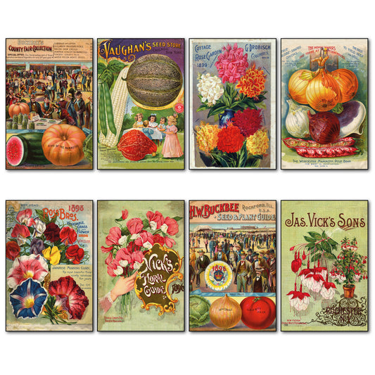 Set of 8 vintage botanical seed packet fridge magnets by Bubbadoodoo, featuring detailed floral and plant illustrations.