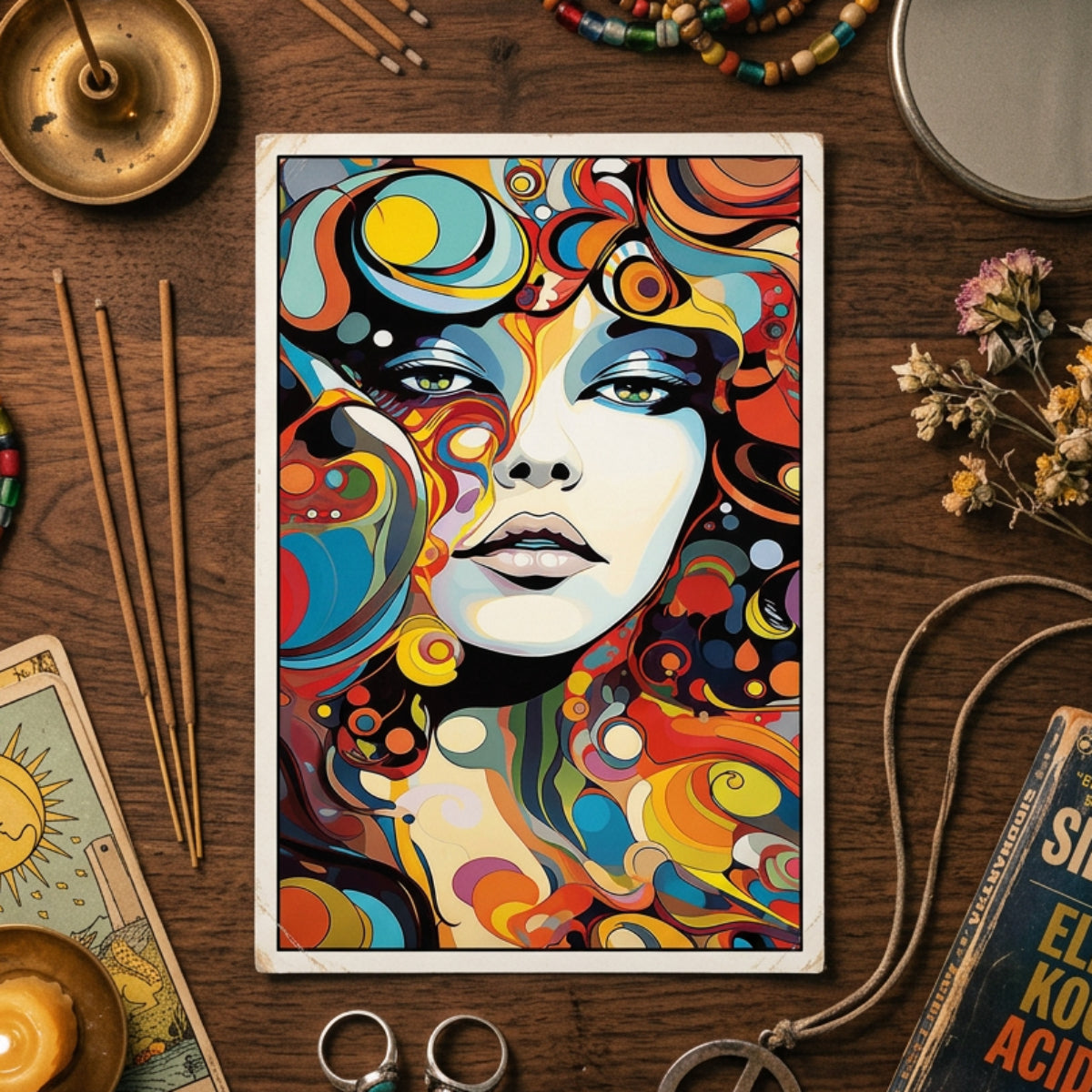 A colorful abstract portrait wall art print featuring a stylized woman's face surrounded by swirling patterns in blue, red, orange, yellow, black, and white, shown against a neutral gray background.