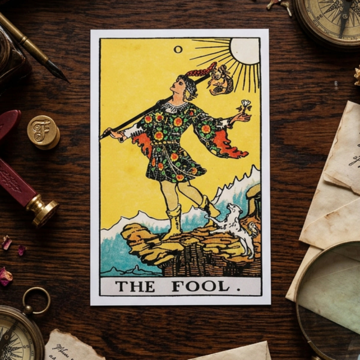 A tarot card titled 'THE FOOL' shown centered on a gray gradient background. The card features a stylized figure standing on rocks, holding a staff and looking upward, with a sun, moon, mountains, and a white goat against a bright yellow field.