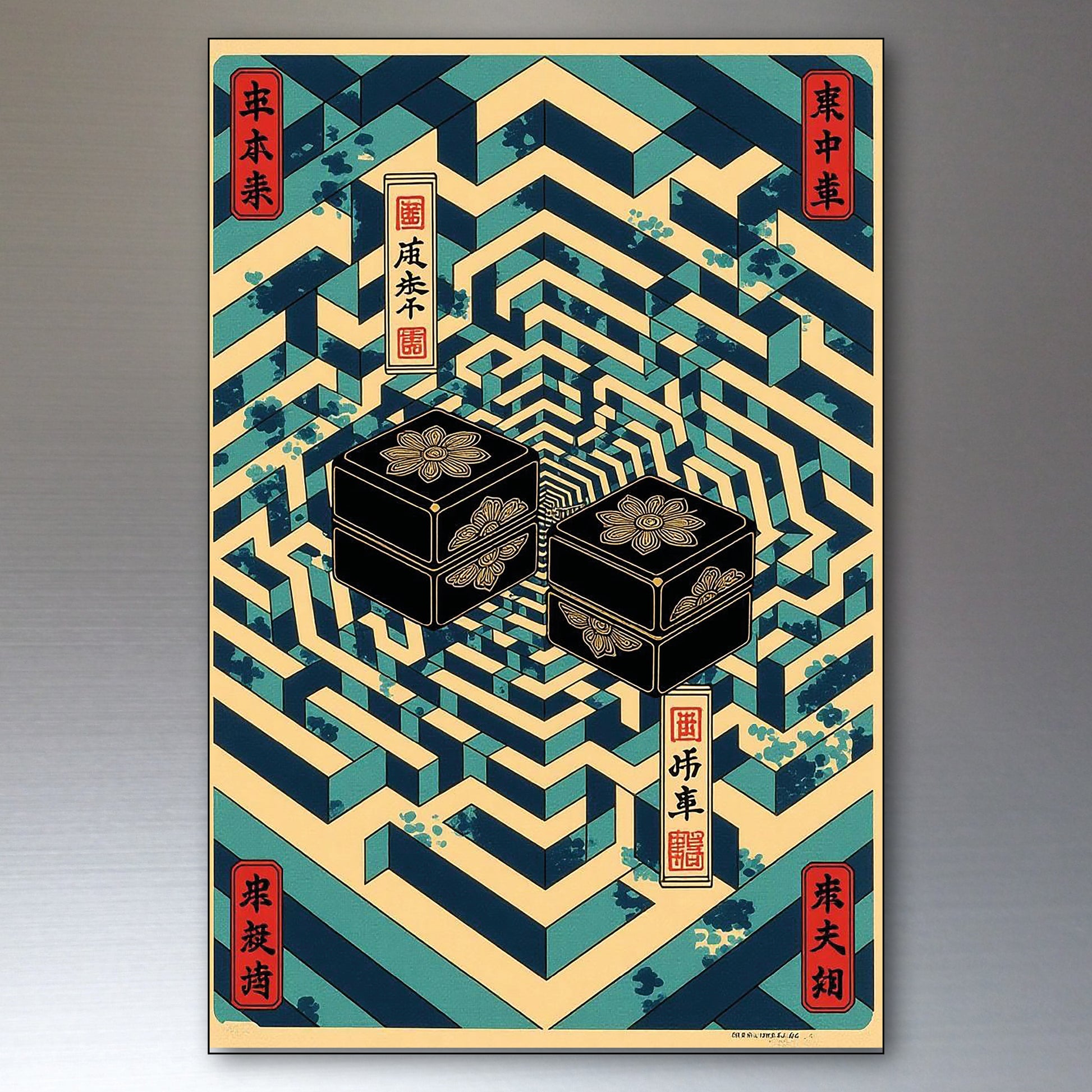 A Japanese-style art print poster featuring a complex 3D maze in teal and cream with two stacked black lacquered boxes decorated with gold floral patterns in the center. The print has red vertical banners with gold Japanese characters in the corners and around the maze paths, set against a neutral gray gradient background.