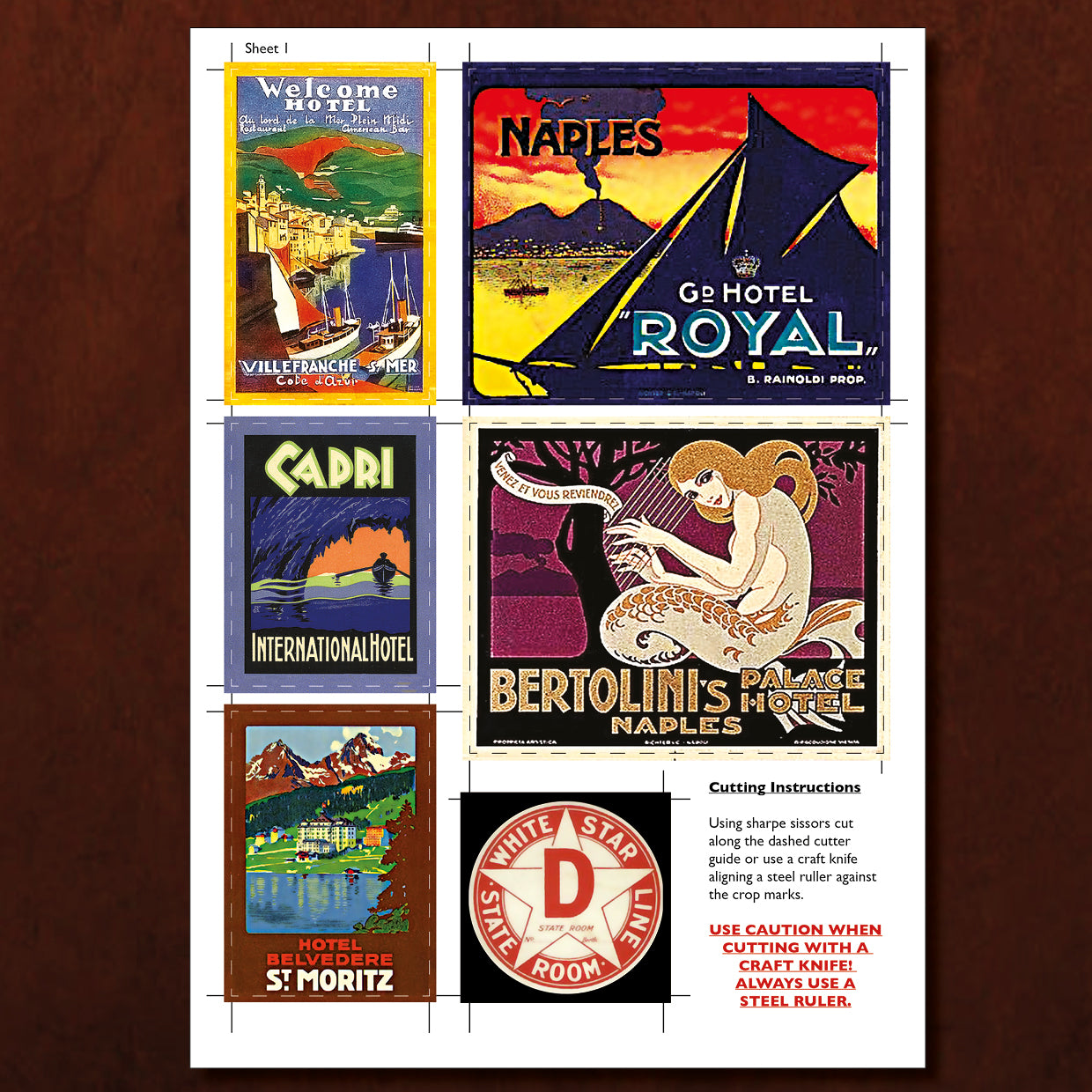 Reproduction vintage hotel luggage label stickers by Bubbadoodoo, designed for suitcases or vintage trunks, with classic retro style.