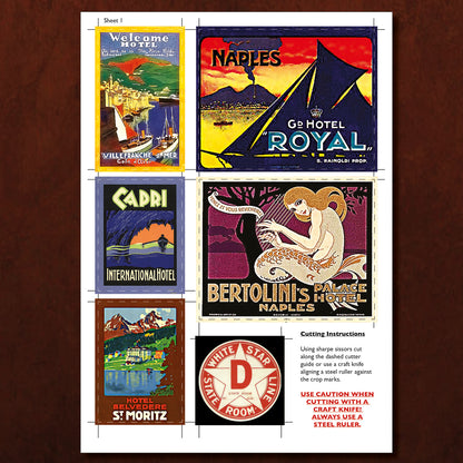 Reproduction vintage hotel luggage label stickers by Bubbadoodoo, designed for suitcases or vintage trunks, with classic retro style.