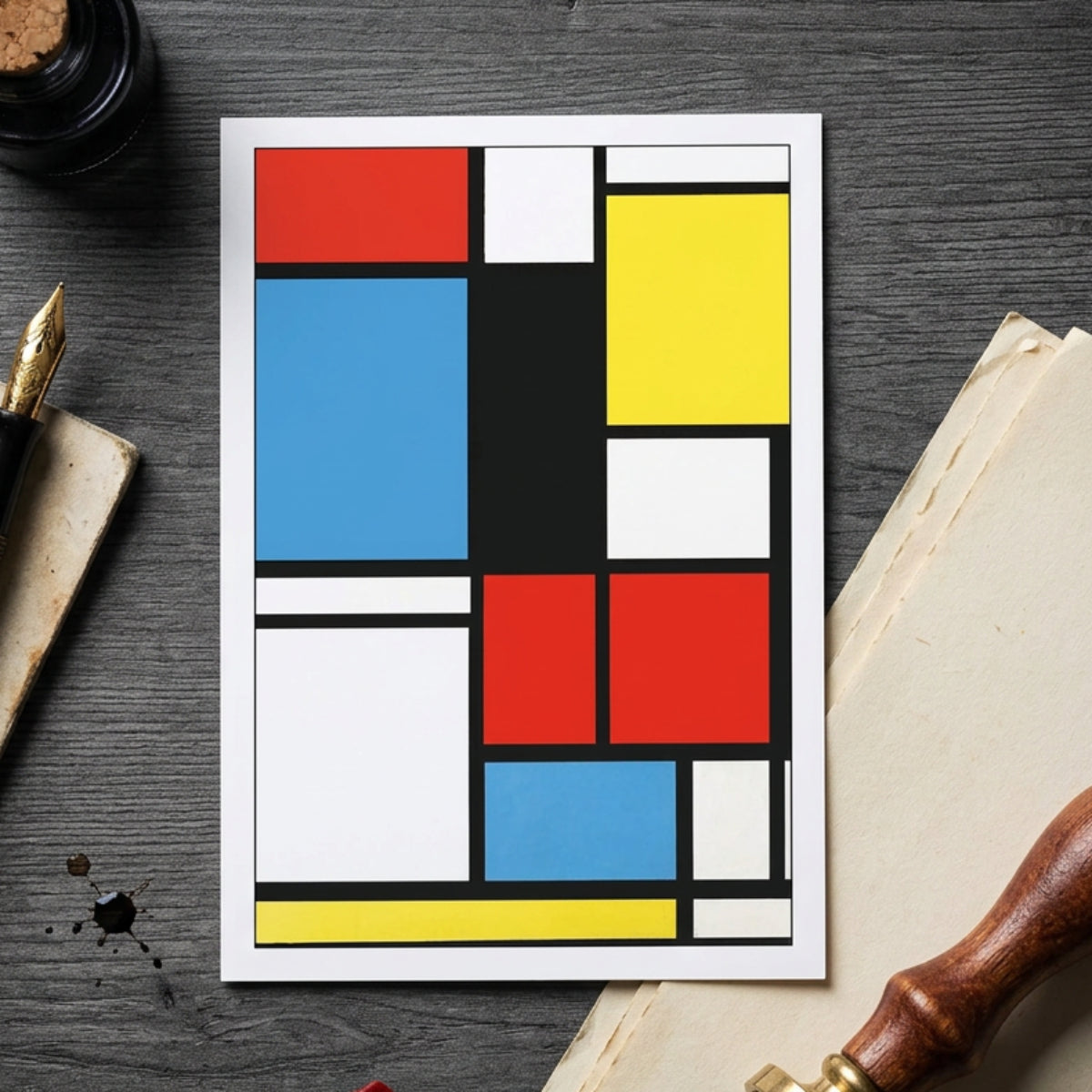 A square abstract geometric wall art print featuring bold blocks of red, yellow, blue, white, and black on a gray gradient background.
