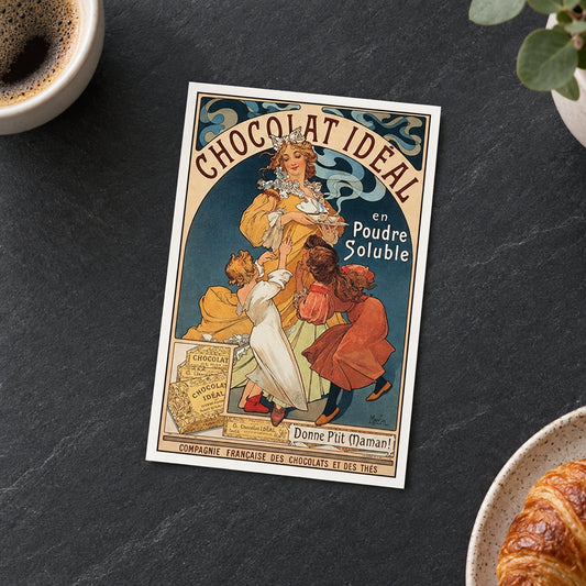 A vintage-style chocolate advertisement poster reading “CHOCOLAT IDEAL en Poudre Soluble,” featuring illustrated figures in warm yellow, red, cream, and blue tones on a gray gradient background.