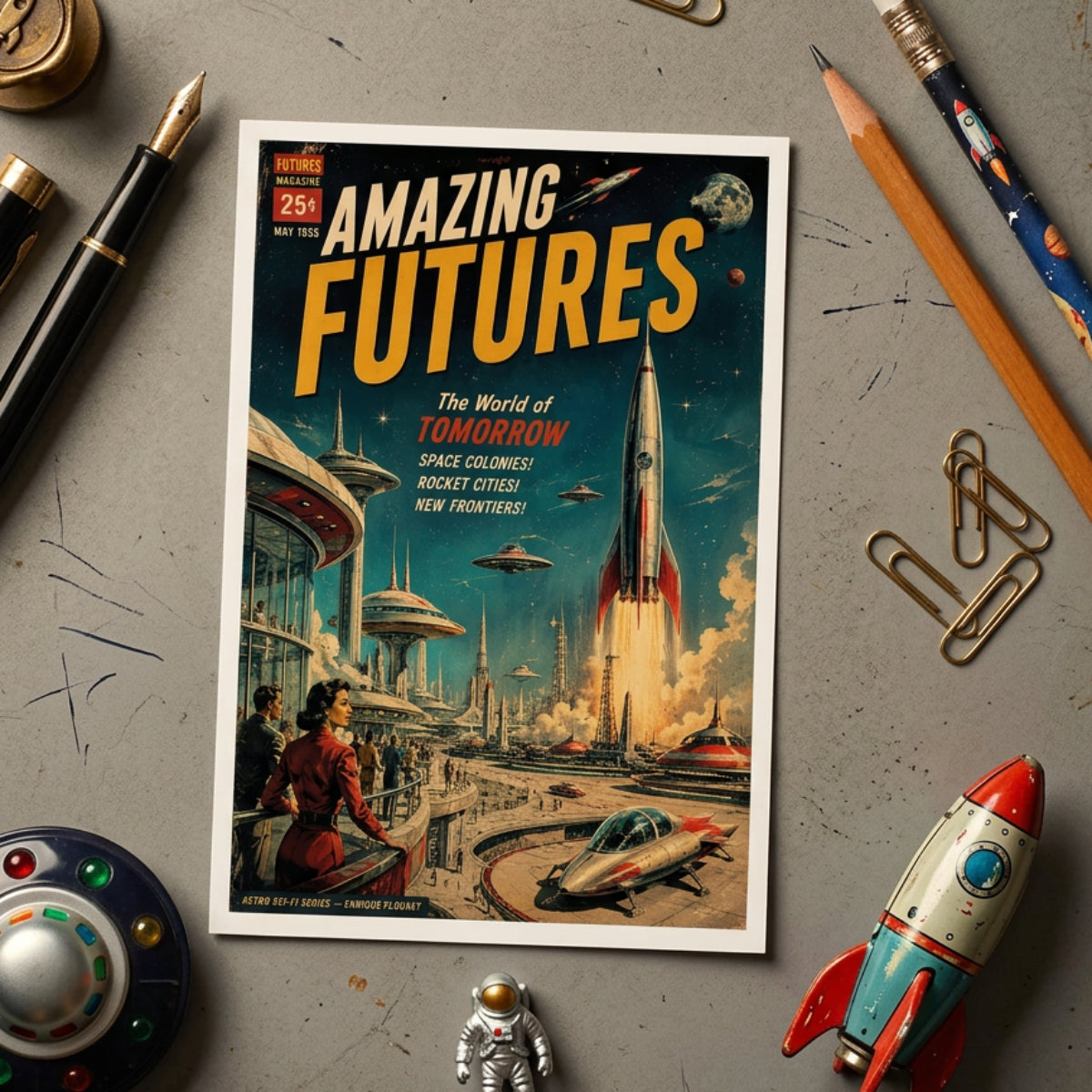 A retro-futuristic science fiction magazine cover titled 'AMAZING FUTURES' with large yellow title text, a red masthead block, and a colorful sci-fi city scene with rockets, flying saucers, futuristic buildings, and people in the foreground. The cover is photographed against a neutral gray background.