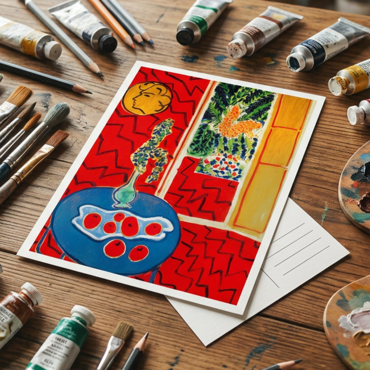 A colorful art print or postcard featuring an abstract painting with bold red, blue, yellow, green, and orange shapes, displayed on a wooden table surrounded by paint tubes, brushes, and art supplies.