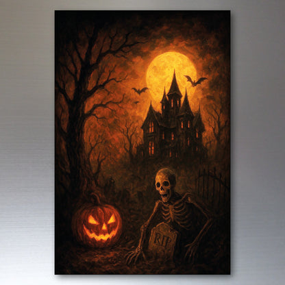 A vertical canvas print featuring a spooky Halloween scene with a haunted house, full moon, bare trees, a jack-o'-lantern, and a skeleton at a grave, shown against a neutral gray background.