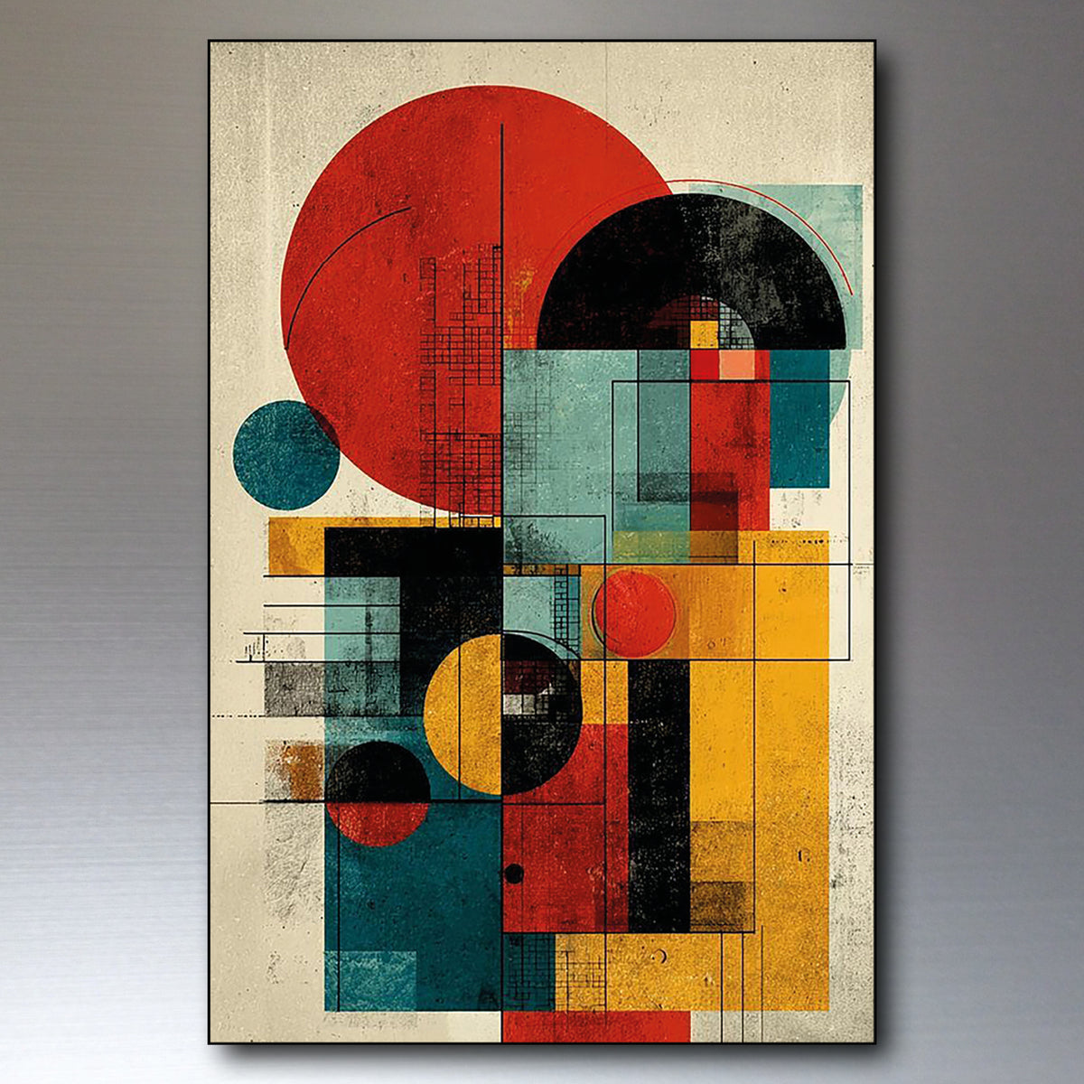Abstract geometric wall art print featuring overlapping circles, rectangles, and lines in red, teal, black, yellow, and cream on a textured background, shown hanging against a gray wall.