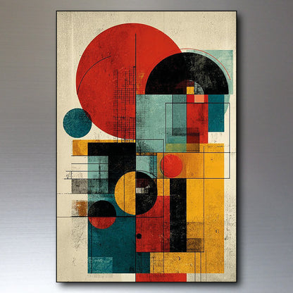Abstract geometric wall art print featuring overlapping circles, rectangles, and lines in red, teal, black, yellow, and cream on a textured background, shown hanging against a gray wall.