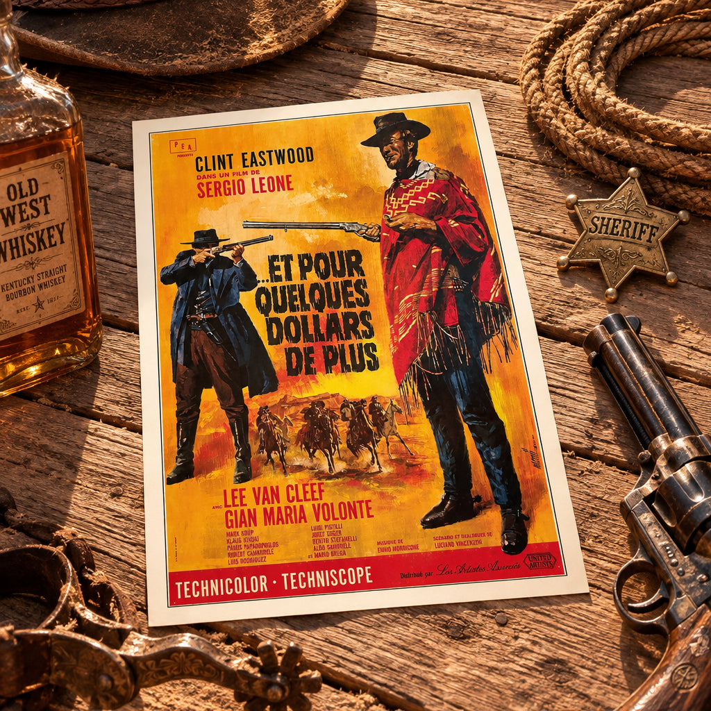 A vintage French movie poster for the film 'Clint Eastwood and the Pursuit of More Dollars' featuring Clint Eastwood and Sergio Leone, displayed on a neutral gray background.