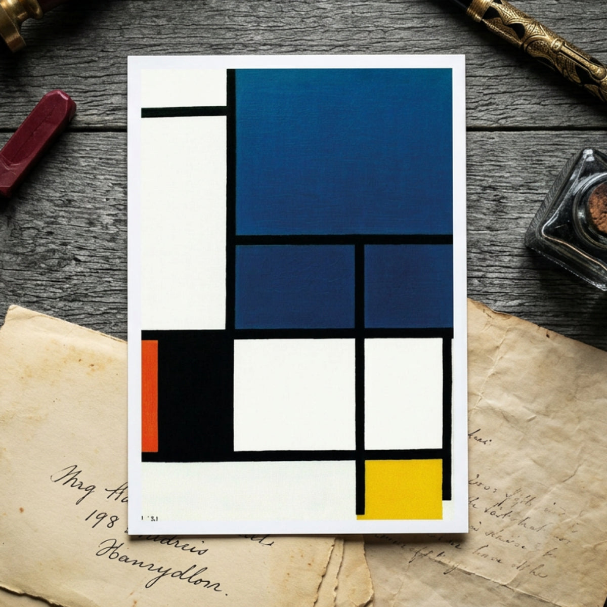 An abstract geometric painting featuring blocks of blue, white, black, orange, and yellow separated by black grid lines, shown against a neutral gray gradient background.