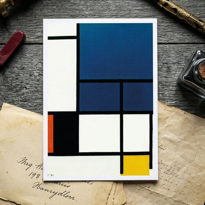 An abstract geometric painting featuring blocks of blue, white, black, orange, and yellow separated by black grid lines, shown against a neutral gray gradient background.