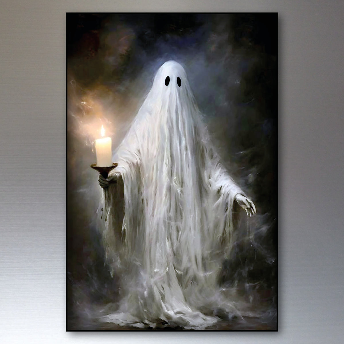 A framed vertical canvas print featuring a ghostly figure draped in white fabric, holding a glowing candle against a dark smoky background, shown hanging on a gray wall.
