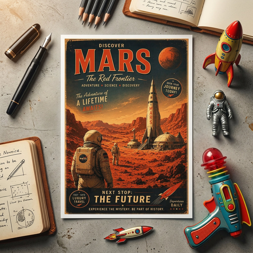 A vintage-style Mars poster is displayed in a styled flat-lay arrangement on a gray tabletop, surrounded by rockets, an astronaut toy, pencils, notebooks, and a pen.