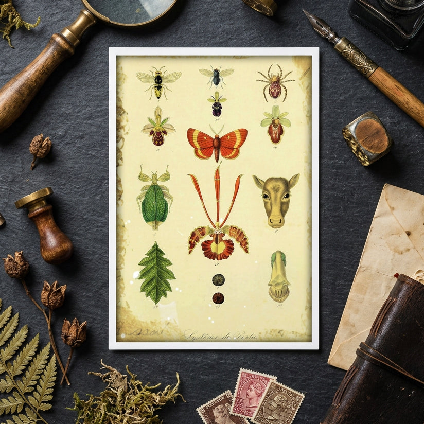 Vintage-style scientific illustration poster featuring various insects, a butterfly, a cow head, leaves, and botanical elements on an aged cream background, shown against a neutral gray gradient backdrop.