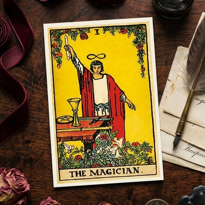 A tarot card titled 'THE MAGICIAN' is displayed flat on a dark wooden tabletop, surrounded by vintage-style props including a ribbon, fountain pen, old paper, and dried rose petals.