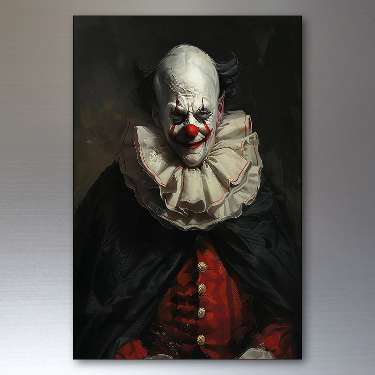 A vertical canvas wall fridge magnet featuring a dark, gothic-style portrait of a clown with a white mask, red lips and nose, a large white ruffled collar, and a black cape over a red jacket, shown against a dark background.