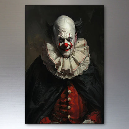 A vertical canvas wall fridge magnet featuring a dark, gothic-style portrait of a clown with a white mask, red lips and nose, a large white ruffled collar, and a black cape over a red jacket, shown against a dark background.