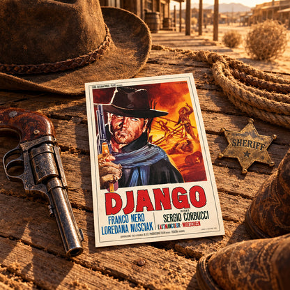 A vintage-style movie poster for the film 'Django' featuring a portrait of a man in a black hat and dark coat holding a gun, with fiery orange-red background artwork and large red title text at the bottom. The poster is shown against a neutral gray gradient backdrop.