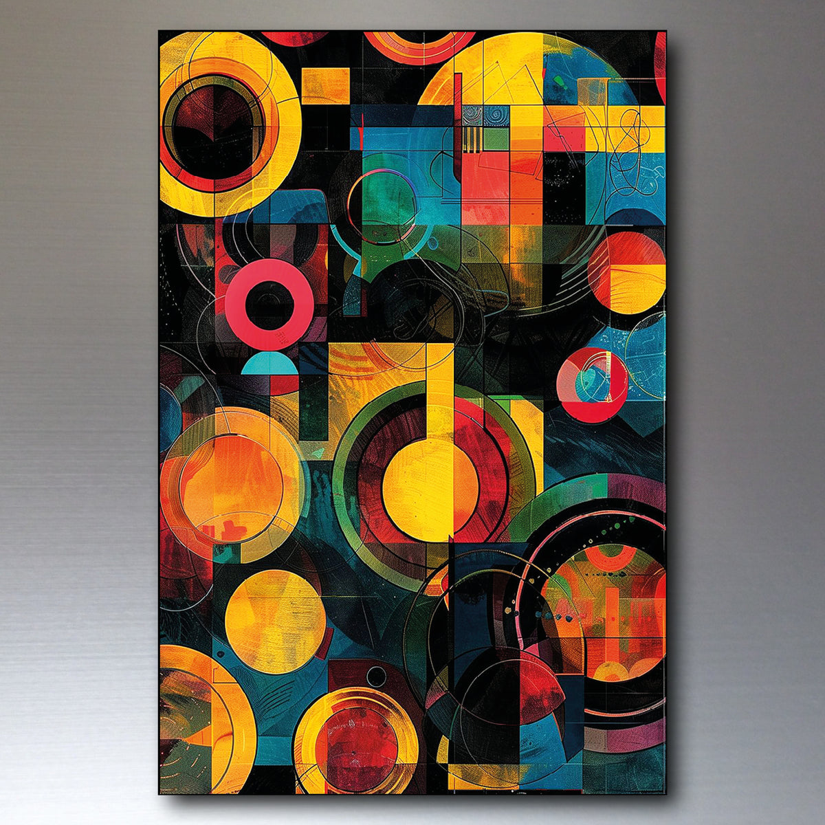 Abstract geometric canvas wall art featuring overlapping circles, squares, and curved lines in yellow, orange, red, teal, green, and black, shown hanging against a neutral gray wall.