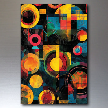 Abstract geometric canvas wall art featuring overlapping circles, squares, and curved lines in yellow, orange, red, teal, green, and black, shown hanging against a neutral gray wall.