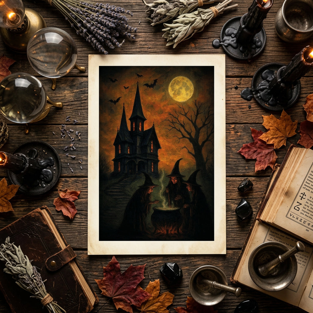 A vertical rectangular wall art print showing a spooky Halloween scene: three witches in pointed hats stand by a cauldron in front of a haunted house, bare tree, bats, and a large full moon in an orange-black sky.