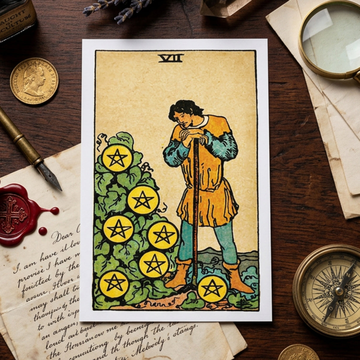A tarot-style card illustration showing a robed figure holding a staff beside a cluster of green plants with yellow circles containing five-pointed stars. The card is centered on a gray gradient background.