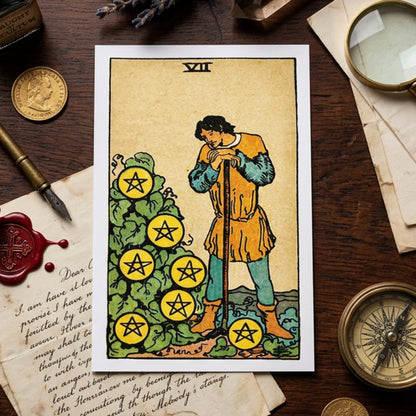 A tarot-style card illustration showing a robed figure holding a staff beside a cluster of green plants with yellow circles containing five-pointed stars. The card is centered on a gray gradient background.