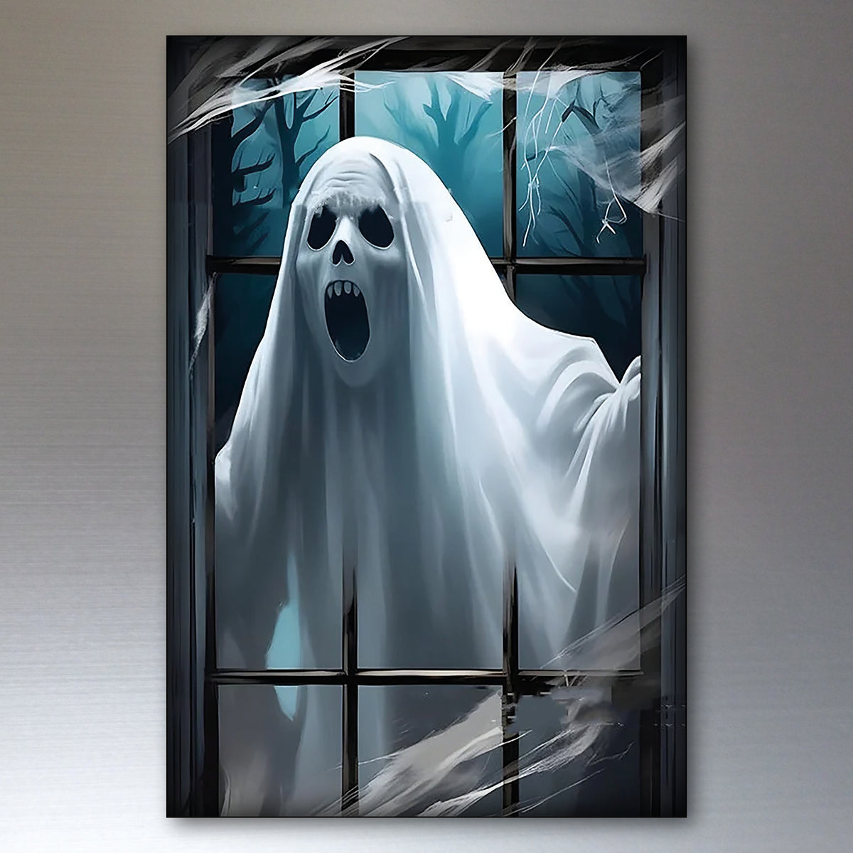 A vertical framed wall fridge magnet showing a ghostly white sheet-covered figure with an open mouth, positioned in front of a dark window with bare trees and a blue night sky outside. The artwork is presented against a neutral gray background.
