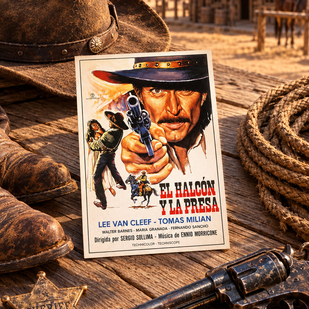 A vintage-style movie poster for 'El Halcón y La Presa' featuring a large illustrated portrait of a man in a hat pointing a revolver, with other characters and red-and-black title text on a white background, shown against a gray gradient backdrop.