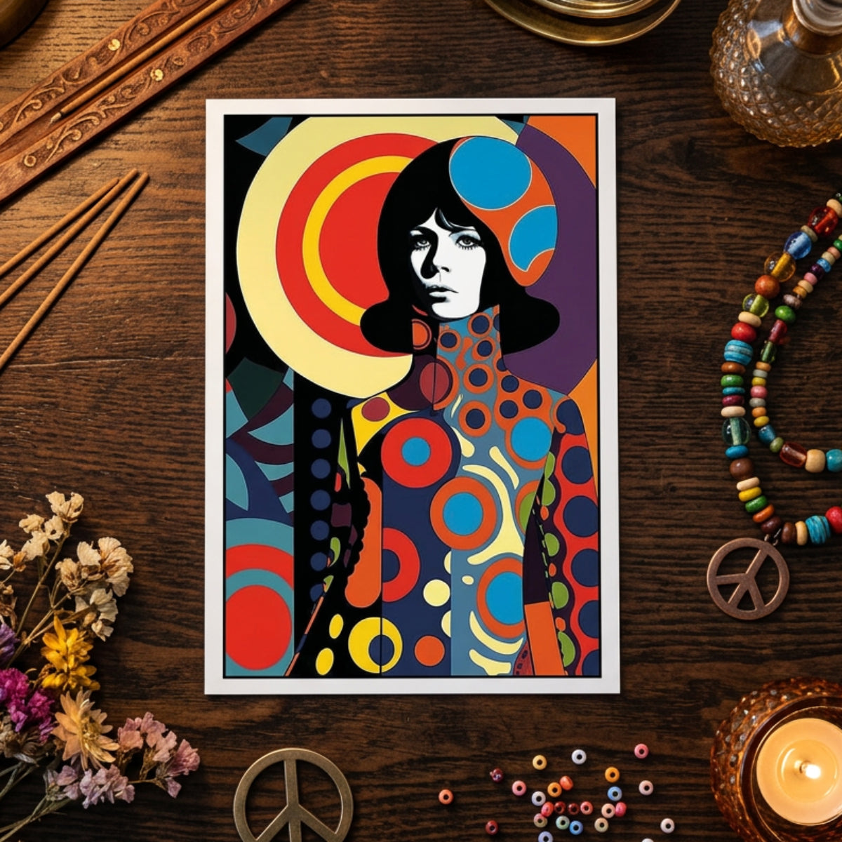 A colorful pop-art style portrait print of a woman with bold retro concentric circles and abstract shapes in red, blue, yellow, orange, purple, black, and white, shown against a neutral gray background.