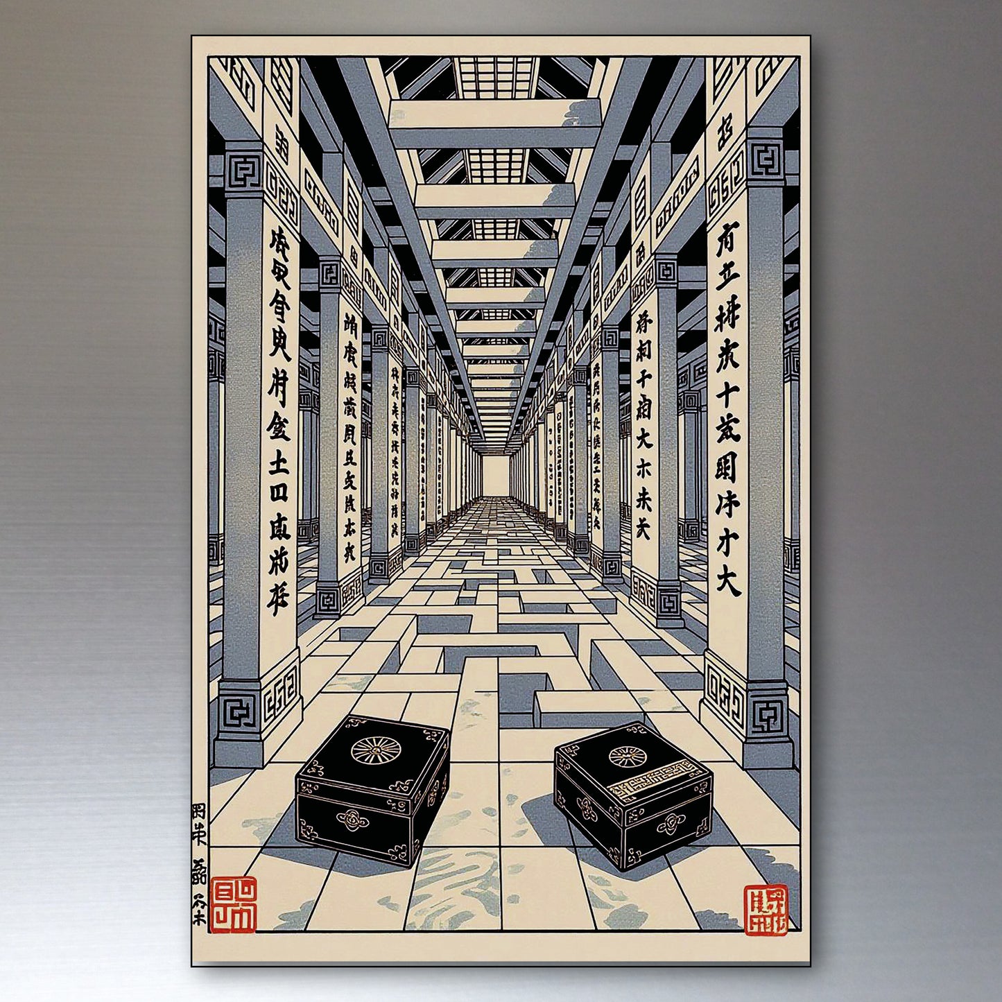A framed art print featuring a detailed illustration of a long hall with pillars and two black boxes on the floor, rendered in a monochrome style with red seal accents, shown against a neutral gray background.