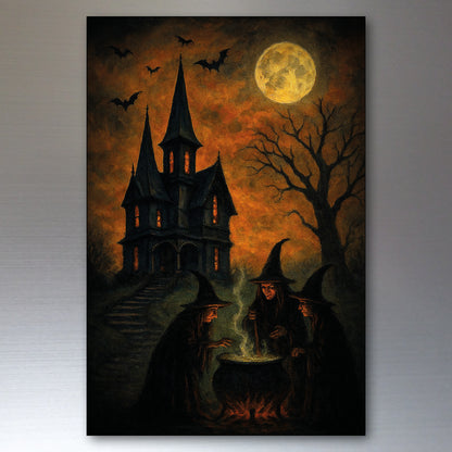 A vertical rectangular wall art print showing a spooky Halloween scene: three witches in pointed hats stand by a cauldron in front of a haunted house, bare tree, bats, and a large full moon in an orange-black sky.