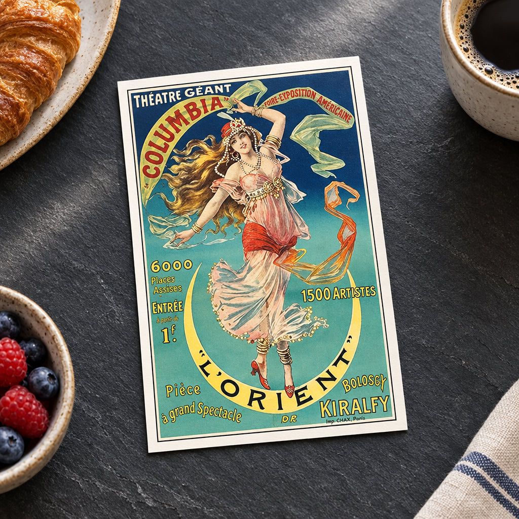 A vintage-style poster print featuring an illustrated dancing woman in flowing pale pink and orange garments against a blue and teal background, with large text including 'COLUMBINE', 'L'ORIENT', and 'BOUGIE KIRALFY'. The poster is shown hanging against a neutral gray wall.