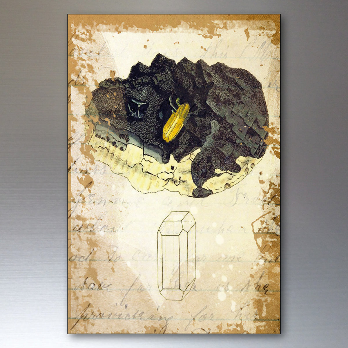 A vertical art print featuring a surreal illustration of a black textured rock formation with a small yellow insect and a simple line drawing of a crystal, set against a distressed beige parchment background with cursive script.