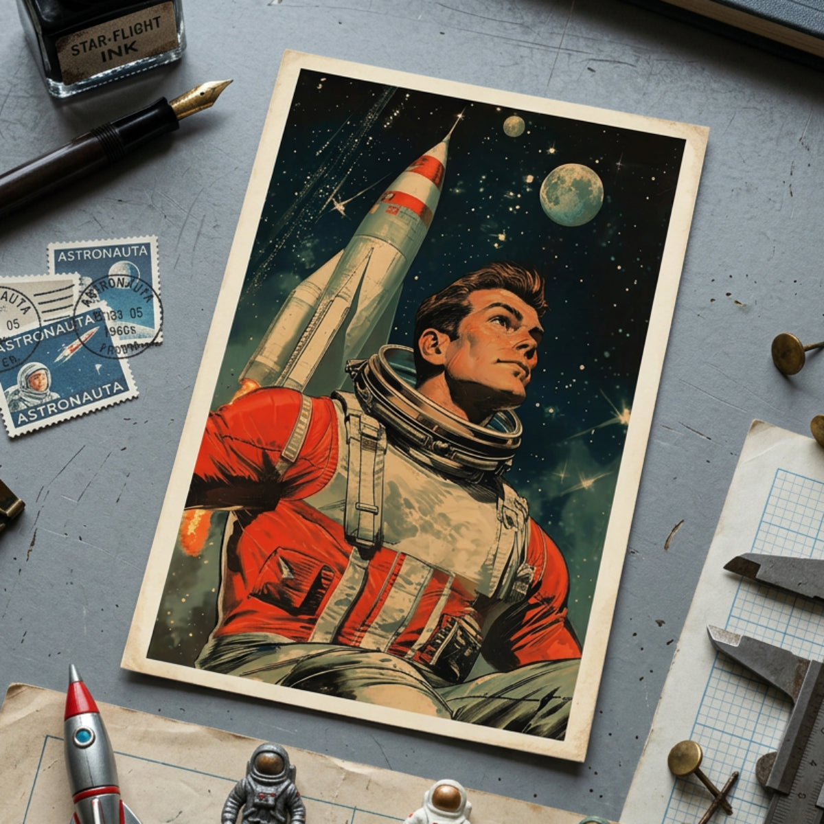 A vintage-style space illustration print featuring an astronaut in a red spacesuit with a rocket and planets, displayed on a gray desk with stamps, an ink bottle, a pen, and small astronaut figurines.