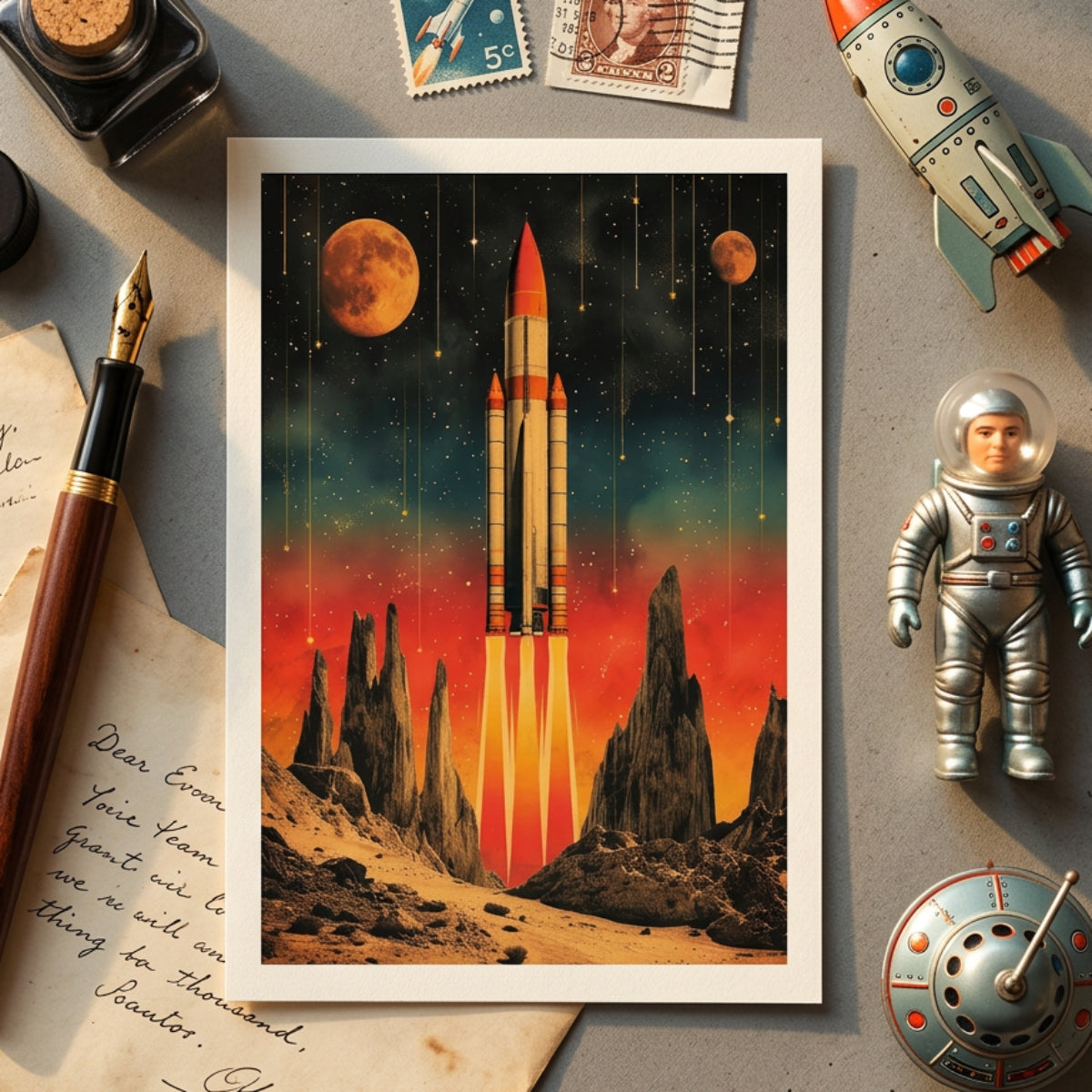 A framed art print featuring a retro-futuristic space scene with a rocket launching from a rocky desert planet under a starry sky with planets, styled in a desk flat-lay with vintage props including a fountain pen, stamps, a toy rocket, and an astronaut figure.